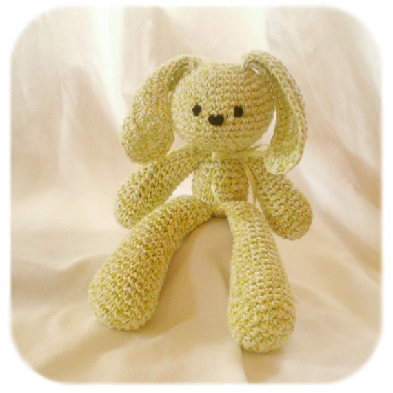 stuffed plush crochet bunny rabbit creme, green and yellow handmade amigurumi animal