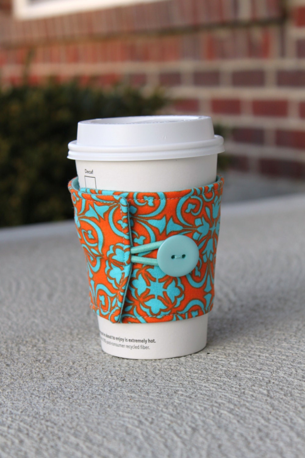 Coffee Cup Sleeve / Beverage Cozy - Reusable Cup Coozie - Bright Teal and Orange Tulip Damask