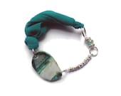 Fabric bracelet Emerald green bangle with  beads and agate for her - one of a kind - OOAK