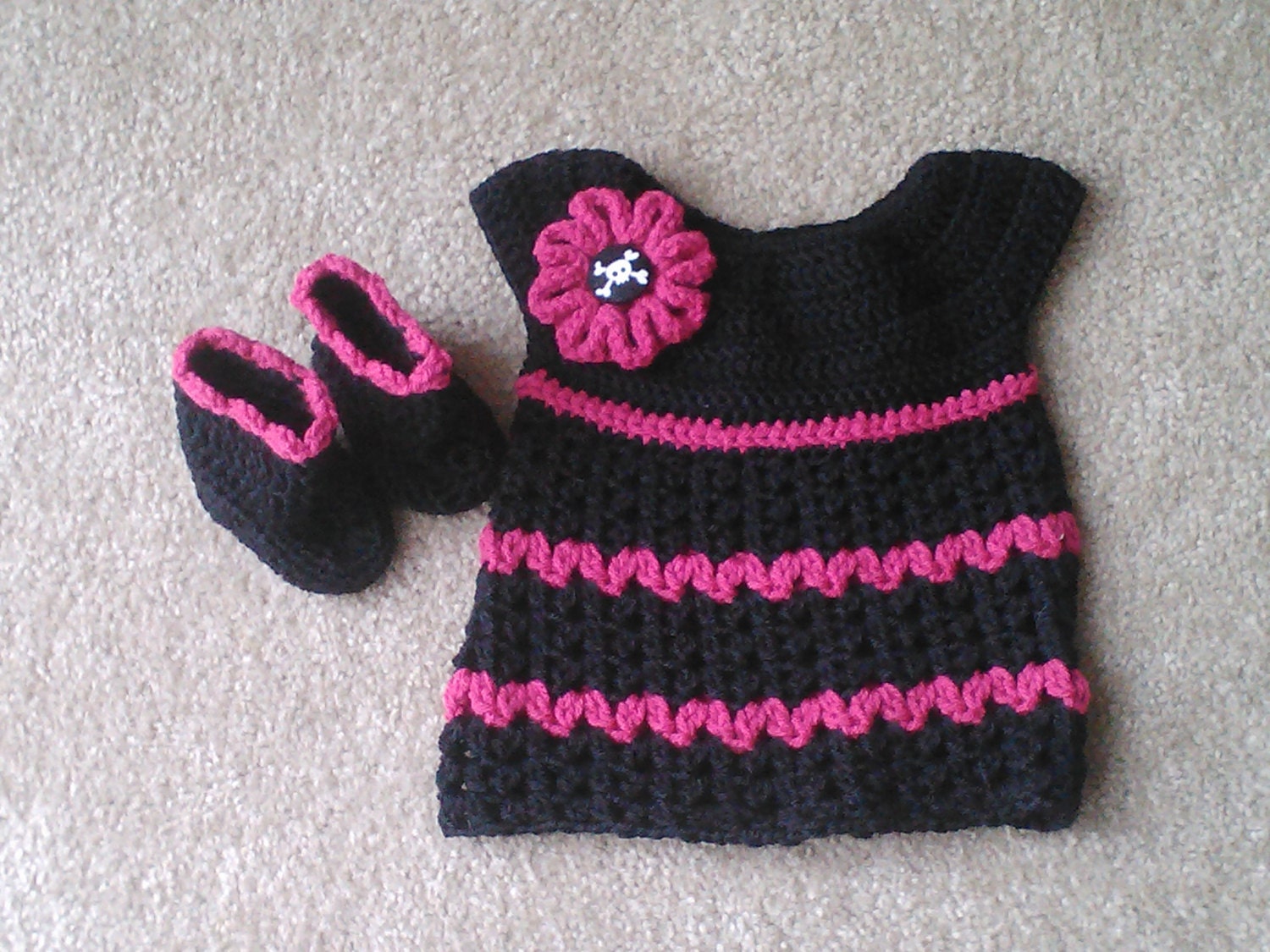 Hand Crochet Baby Girl Dress and Booties - Super Cute Punk Girl Dress with Crochet Boots - Ready to Ship - 0  to 3 months