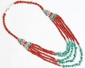 Bohemian Stunning Native inspired bib necklace with Red corals and Turquoise beads/Ethnic/Boho Chic necklace/Layering necklace