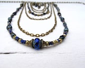 Bohemian Cobalt Bib Necklace:  Czech Glass, Seed Beads, Layered Strand, Beaded Fringe