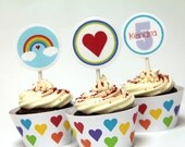 Rainbow Love Cupcake Toppers & Cupcake Wraps - set of 12 - four styles Il_170x135