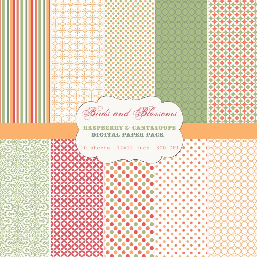 Raspberry and Canteloupe Digital Scrapbook Paper Pack for Personal or Commercial Use