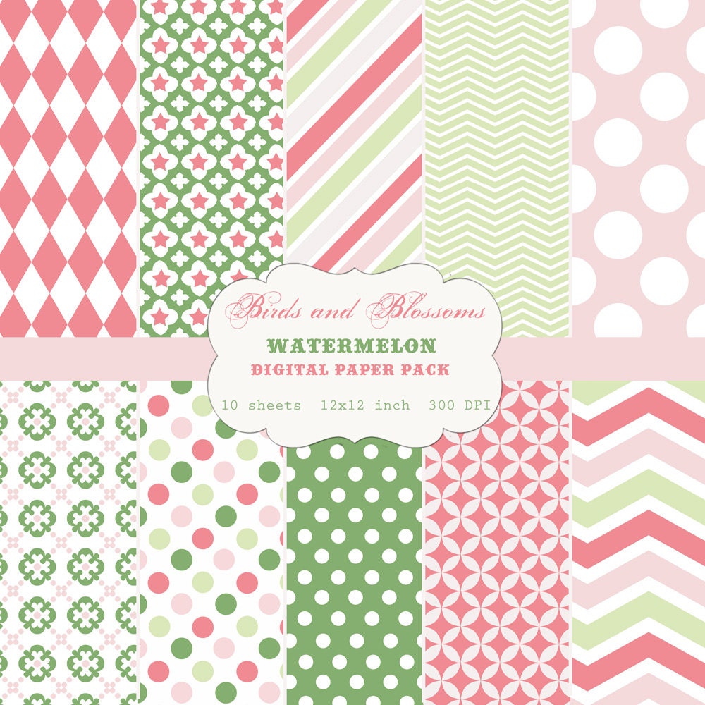 Watermelon Digital Scrapbook Paper Pack for Personal or Commercial Use