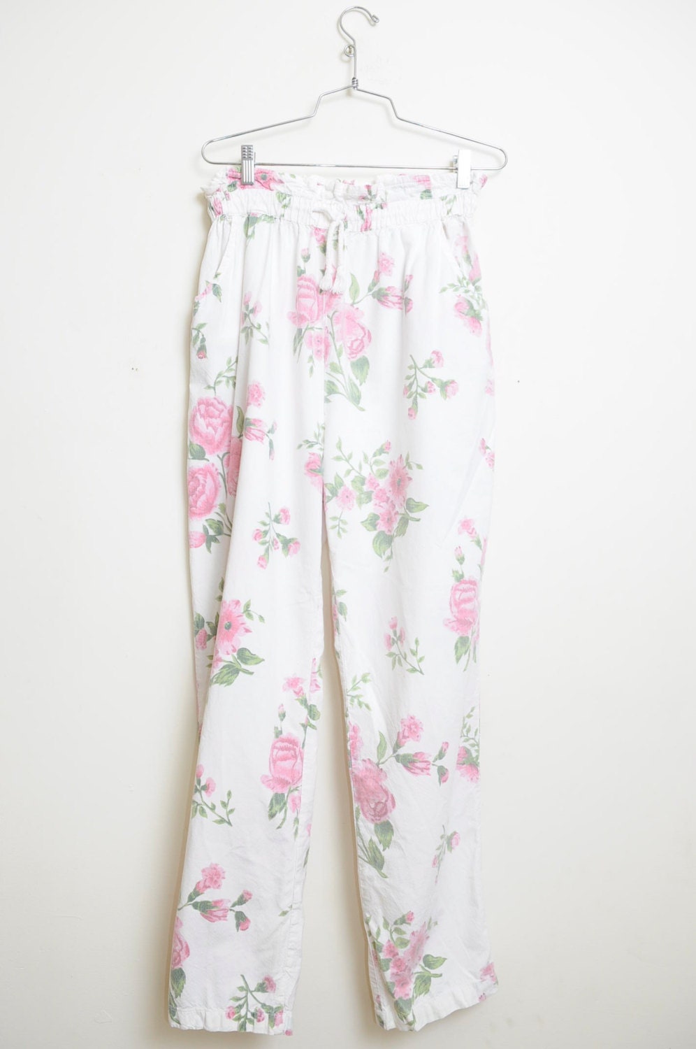 Vintage 80s/90s Awesome White and Pink Floral Print High Waisted Drawstring Hip Pants From Turkey