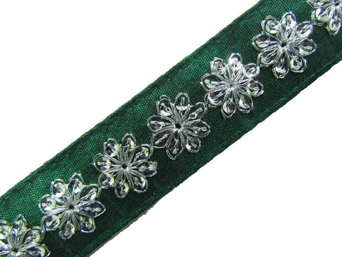 Free Shipping Green Silver Sequins Beaded Trim Sewing Sari Border Dress Lace Craft Decorated Indian Dress Material By The Yard - RT42A