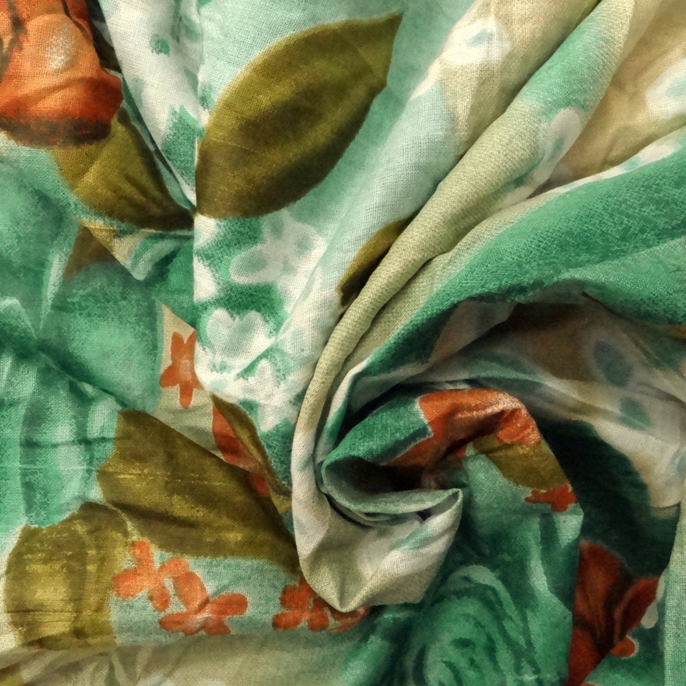 FREE SHIPPING Green Cotton Fabric Floral Style Print Designer Drape Dress Kimono Craft Quilt By The Yard - FBC227