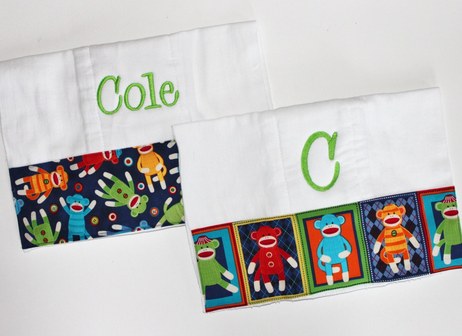 PICK YOUR FABRICS - 2 Personalized Burp Cloth Set Embroidered with Name