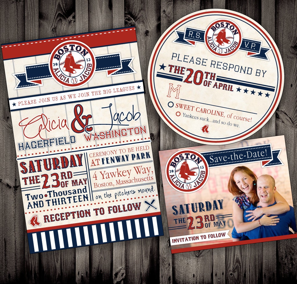 Vintage Style Baseball RED SOX Themed or ANY Baseball Team Wedding Invitation Set and Save-the-Date