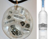 Belvedere Vodka Pendant, Wearable Upcycled Art, Recycled Fused Glass Cabochon Necklace, Signed Original