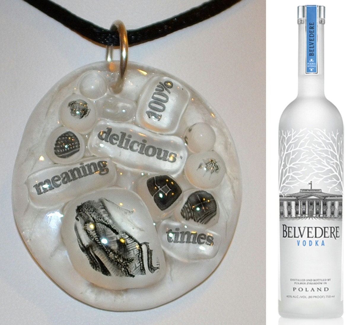 Belvedere Vodka Pendant, Wearable Upcycled Art, Recycled Fused Glass Cabochon Necklace, Signed Original