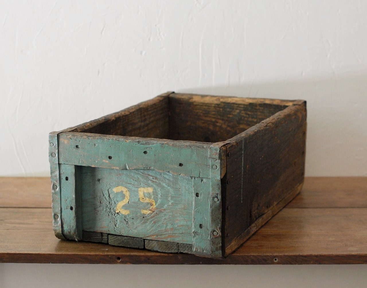Huge Vintage Wood Box with Green Paint - Number 25 in Yellow Paint - Heavy Duty
