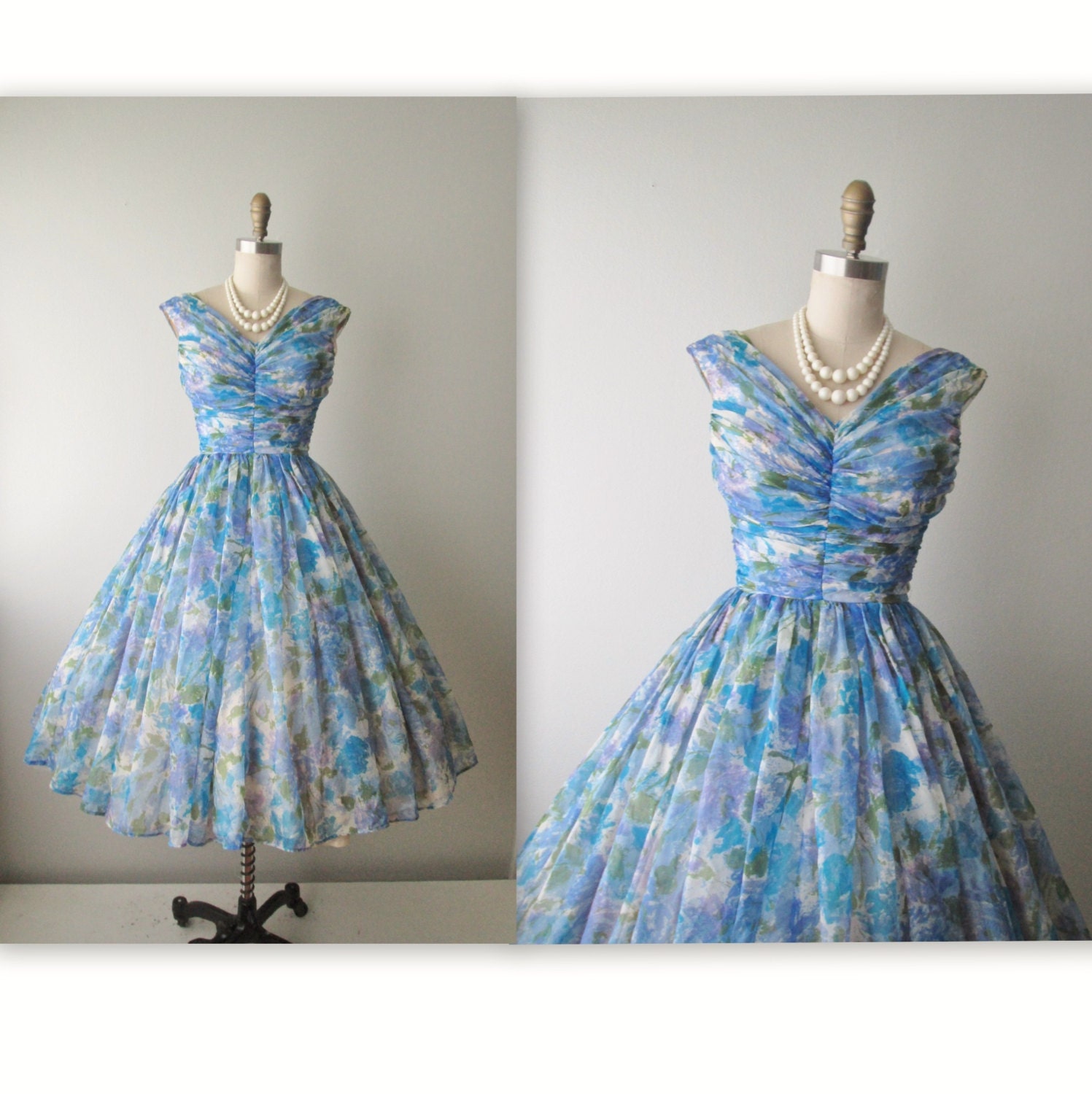 50's Chiffon Dress // Vintage 1950's Floral Print Chiffon Full Garden Party Cocktail Prom Dress XS