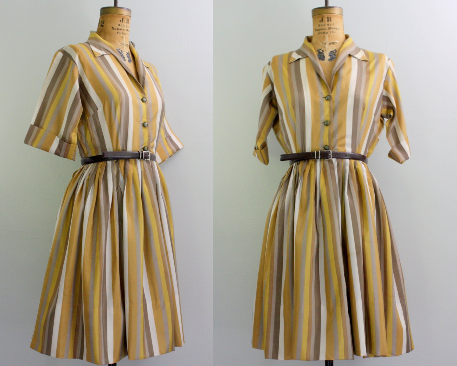 50s dress / 50s shirt dress / 1950s striped dress medium