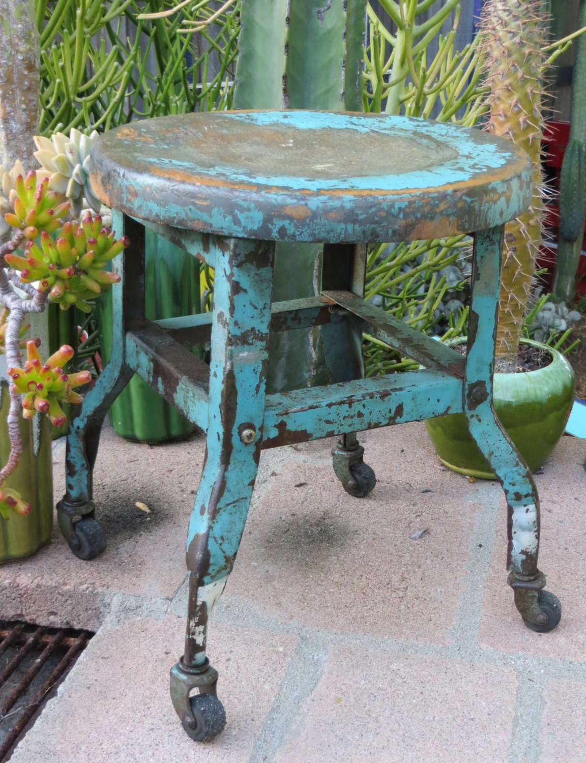 Distressed Rustic Turquoise Steel & Wood Industrial Footstool: Rolling Aqua / Green / Blue Farmhouse Work Stool w/ Excellent Patina