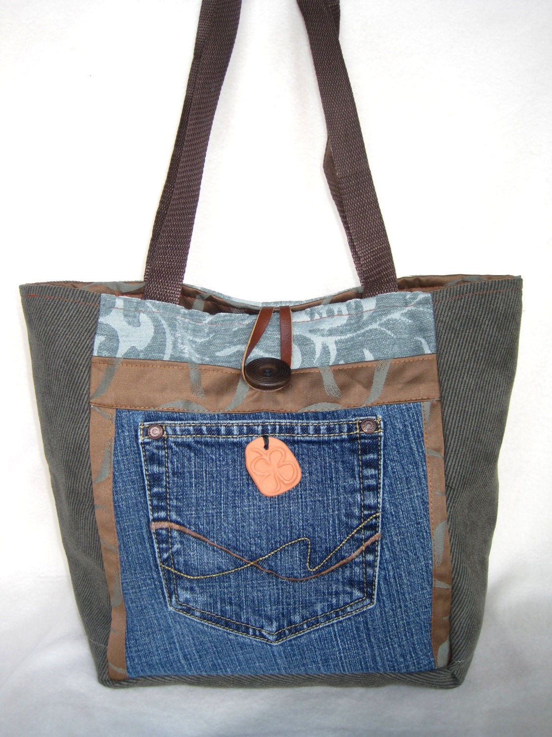 Tote Bag Brown Blue Denim Organizer Terra Cotta Shamrock Embellishment