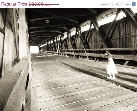 ON SALE CREEPY Original Fine Art Photograph Little Girl in Haunted Covered Bridge Black and White 8x12 - VivaEstelle