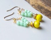 Etsy, Etsy Jewelry, Beaded Earrings, Mod Earrings, Mint Green and Yellow Earrings, Dangle Earrings, Chandelier Earrings, Colorful Earrings