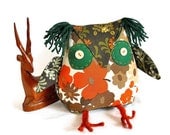Retro Owl in 70s 80s Floral Brown and Orange Vintage Fabric
