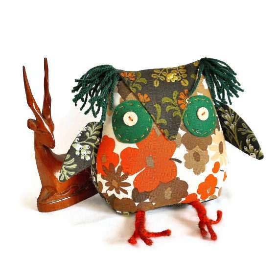Retro Owl in 70s 80s Floral Brown and Orange Vintage Fabric