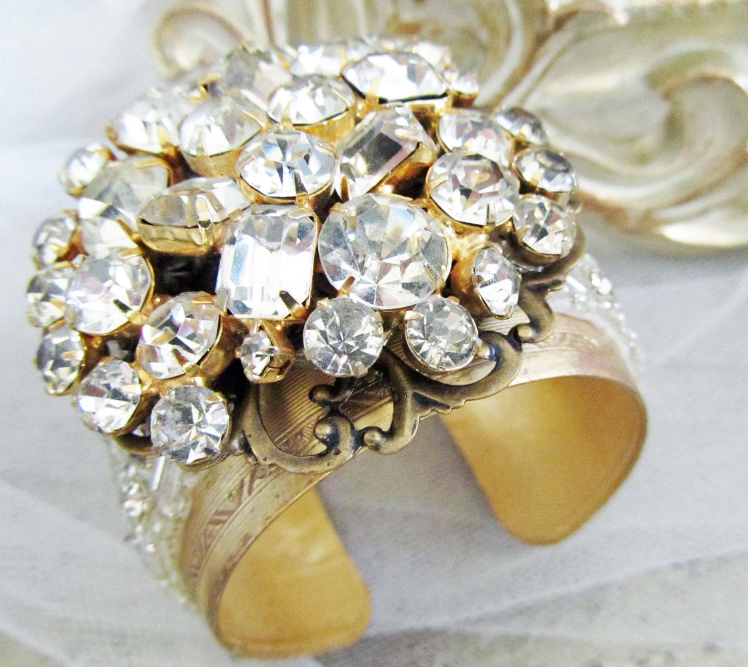 Bridal Wedding Cuff, Crystal Rhinestone Trim