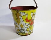 Vintage Litho Cowboy and Cowgirl Sand Pail - Ohio Arts Tin - Vintage Beach Pail