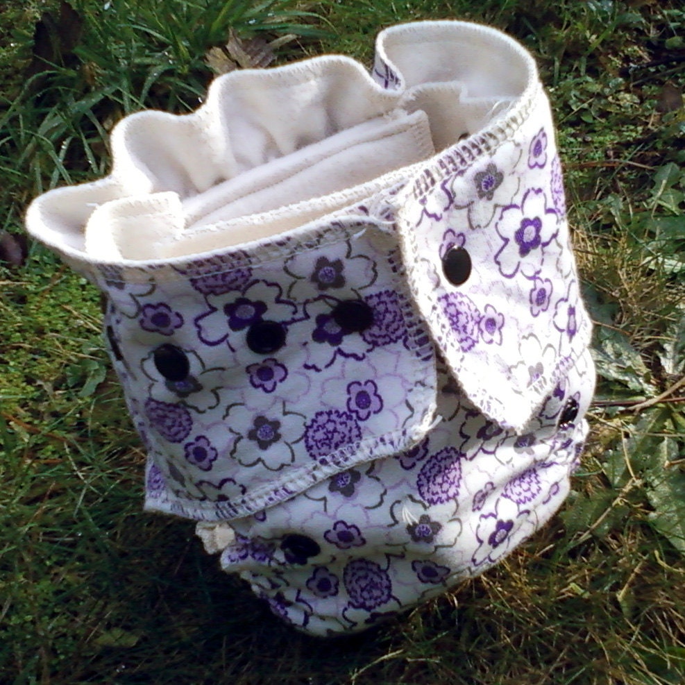 one size sweet jane purple print organic cotton fitted diaper