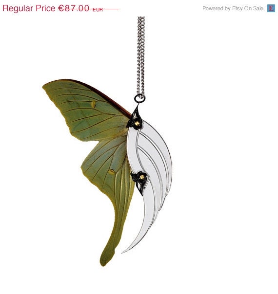 Spring Sale - 10 % OFF - Silver Statement Necklace - Stunning Blade Wing - One Of A Kind - Real Luna Moth Wings - Free Shipping