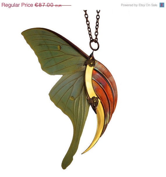 Spring Sale - 10 % OFF - Statement Necklace - Stunning Blade Wing - 24K Gold Plated - One Of A Kind - Real Luna Moth Wings - Free Shipping