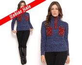 70s Sweater SPACE DYED Turtle Neck Hippie Boho Chunky Knit Burgundy Suede Blue Ribbed Wool Zip Up Grommets Oleg Cassini / Size M Medium