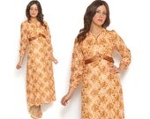 60s Maxi Dress Sheer Embroidered Floral Pastel Peach Honey 1960s Boho Empire Waist Puff Sleeves Bridesmaid / Size M Medium