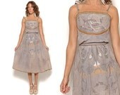 Roberto Cavalli 70s Peacock Dress  Dove Grey Suede Midi Ethereal 1970s Boho Vintage Patchwork / Size XS Extra Small