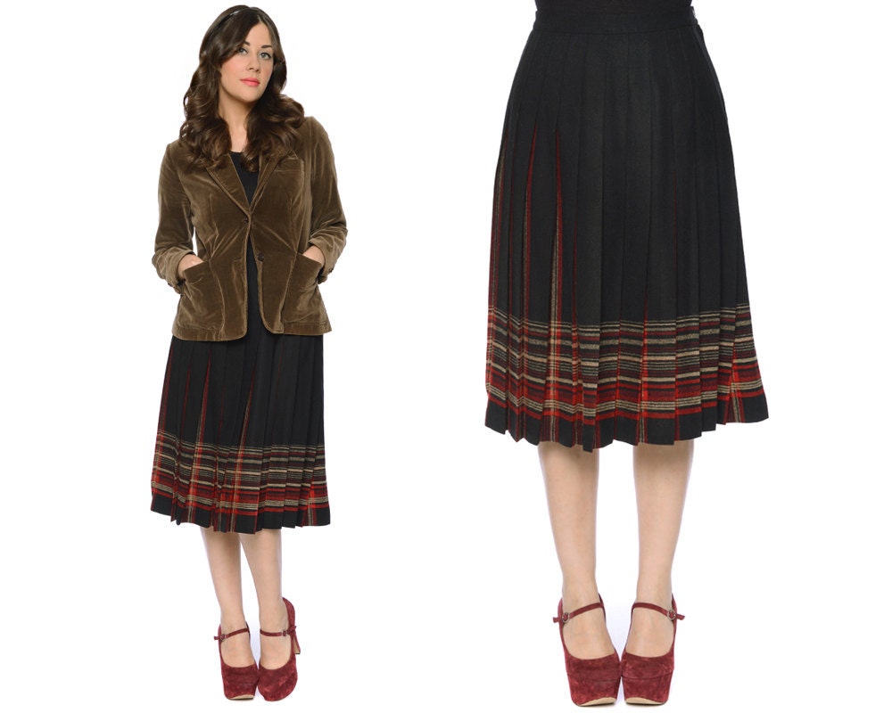Plaid Pleated Skirt 90s Pendleton Black Wool Red Preppy Midi High Waisted Librarian / Size S Small
