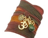 Hand Dyed Silk Ribbon Bracelet with Om Charms, Peace Sign and African Jade, yoga jewelry, wrapped wrapping bracelet, wrap around,wrist wrap