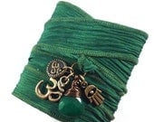 Om Silk Wrap Bracelet with Hamsa and Emerald Jade, yoga jewelry, silk ribbon bracelet, yoga bracelet, silk ribbon wrap