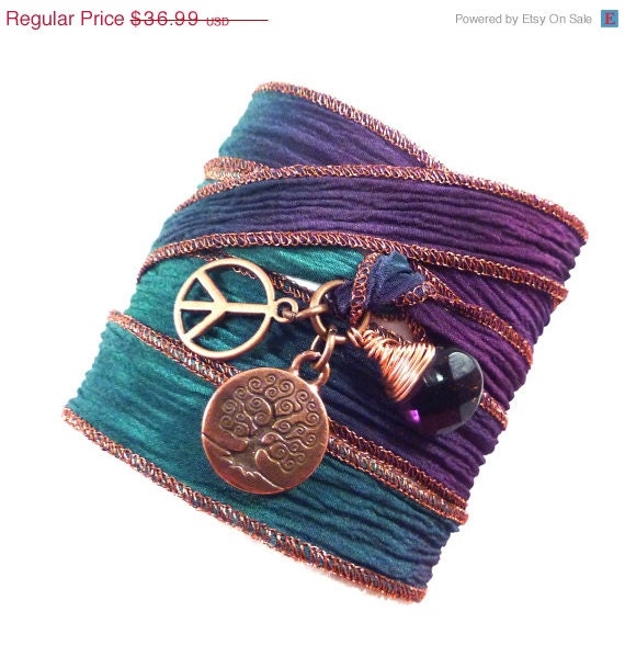 BIRTHDAY SALE Tree of Life Silk Wrap Bracelet with Peace Sign and Amethyst, yoga jewelry, silk ribbon wrap bracelet, yoga bracelet