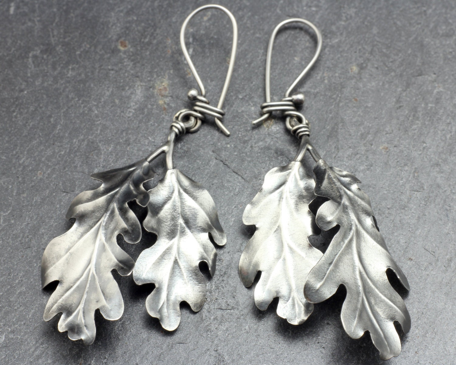 Silver Oak Leaf Earrings, unique, light sterling oak leaf drop earrings