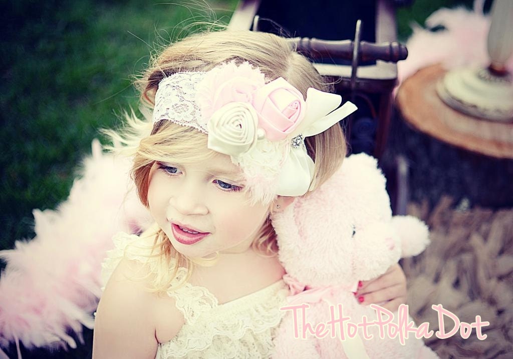 2 Piece Set Luxurious Pink and Cream Vintage Lace Romper with Glam Headband / Lace Headband Perfect Newborn Photo Prop / Flower Girl
