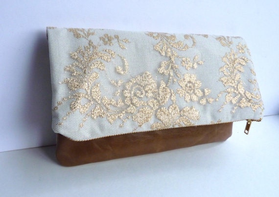 Multi purpose tan leather and metallic gold clutch bag