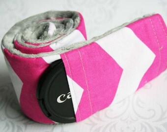 Camera Strap Cover with Lens Cap Pocket - Padded Minky - Hot Pink Chevron with Gray Minky- MADE TO ORDER