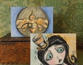 Steampunk ACEO Original acrylic paintings The Beekeeper Artist Cards Set of 2