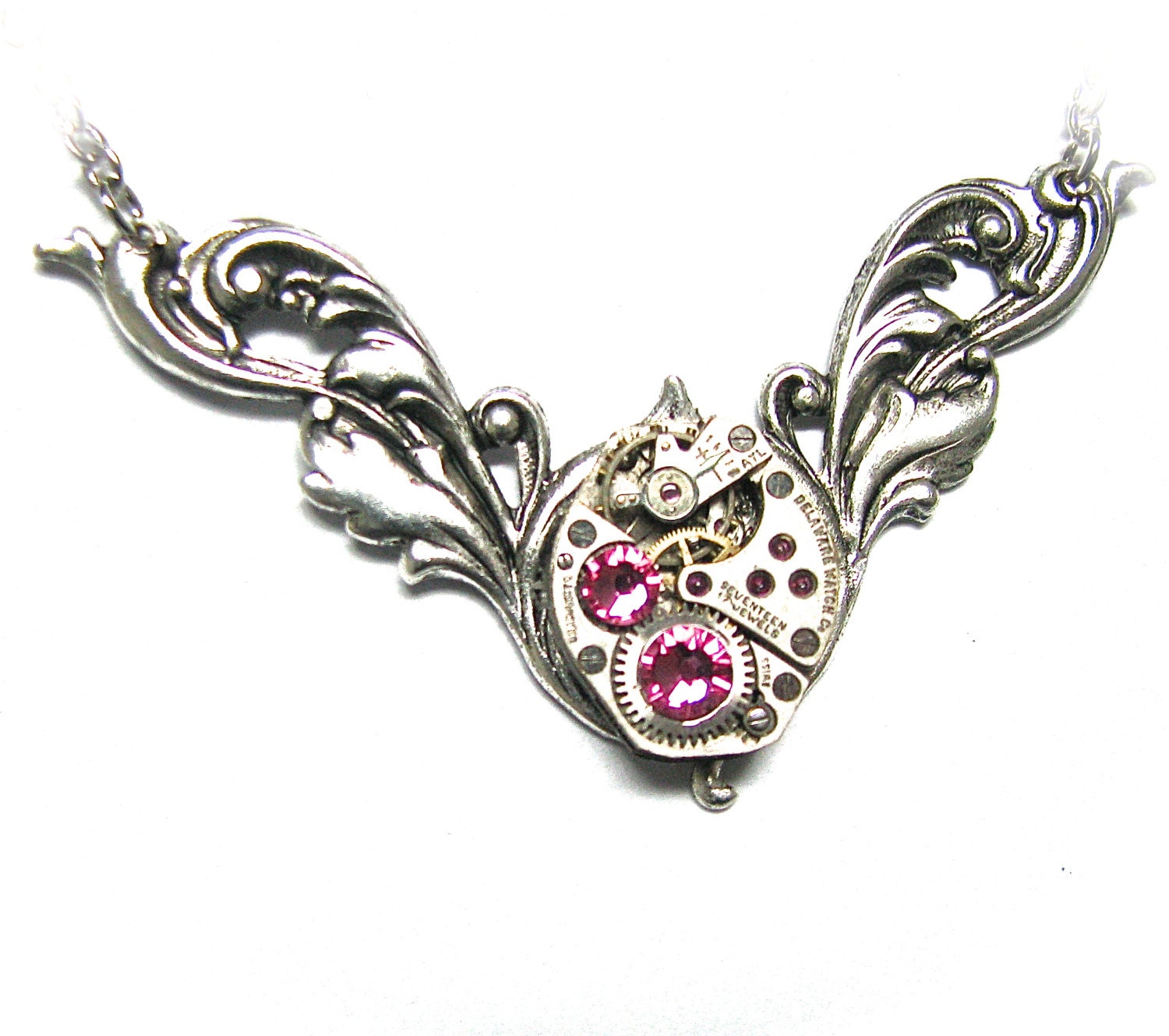 Steampunk Necklace Antiqued Silver Victorian Charm Finished with A GORGEOUS Jeweled Watch Movement -by Mechanique Steampunk