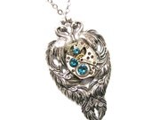 Steampunk Necklace Antiqued Silver Toned Peacock Charm with a Stunning Jeweled Watch Movement By: Mechanique Steampunk