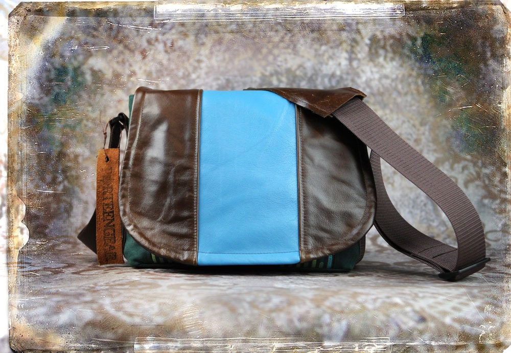 Leather Camera Bag New  -  Blue and Brown Leather Tapestry Medium DSLR - IN STOCK