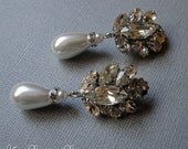 Vintage Bridal Earrings Rhinestone and Pearl Drop in a long dangle style truly elegant stunning Hollywood Glamour wedding earrings
