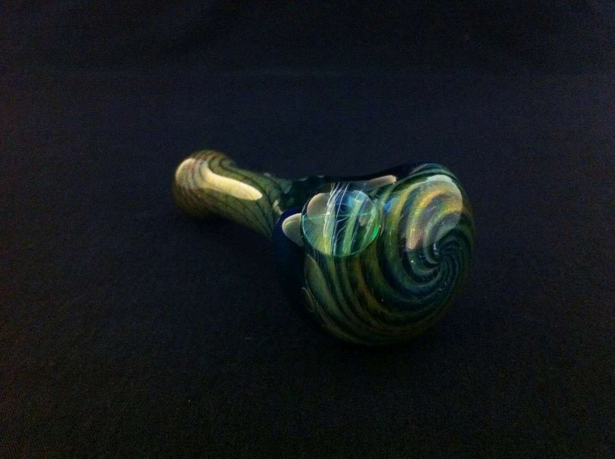 Lake Green Glass Silver and Gold Fumed Wrap Vortex and Wrap and Rake Tobacco Spoon Pipe