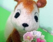 Felted Brown Squirrel Holding Flowers