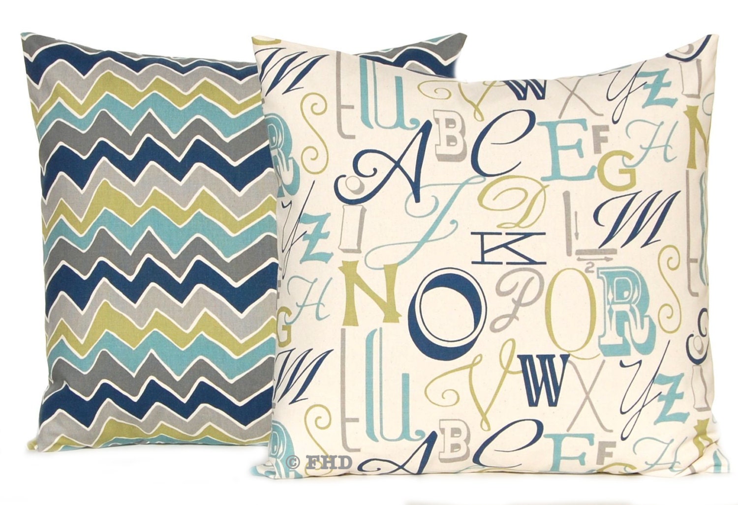 Decorative Throw Pillow Covers Navy and Green on Natural 16 x 16 Large Scale Letters Alphabet and Seesaw Chevron Kids Decor