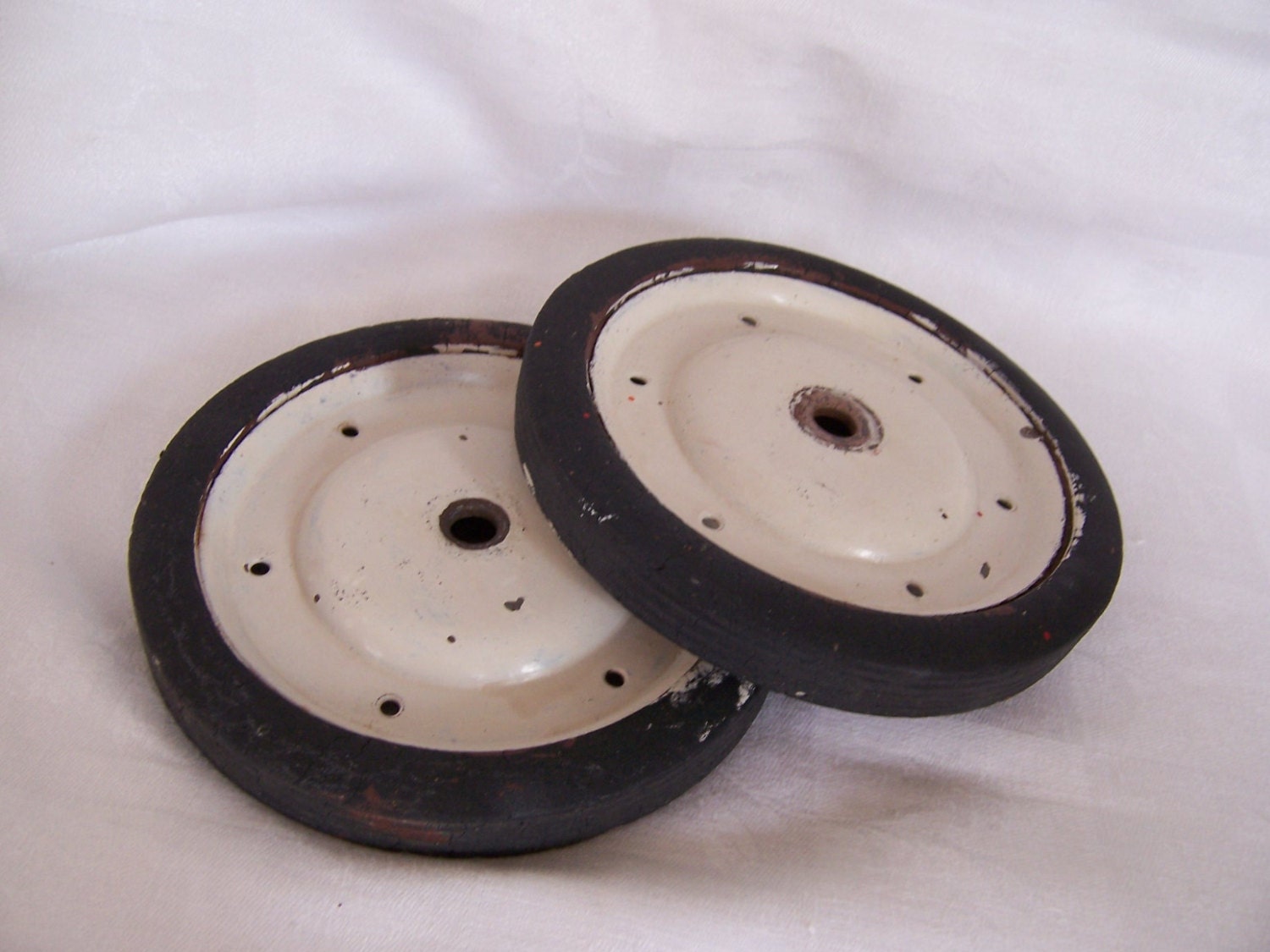 Vintage Salvaged Metal and Rubber Wheels - Two in Lot - Old White Paint - Shabby Cottage Chic